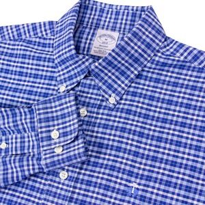 Brooks Brothers Regent Fit Non-Iron Plaid Shirt Mens M Oxford Blue White Cotton